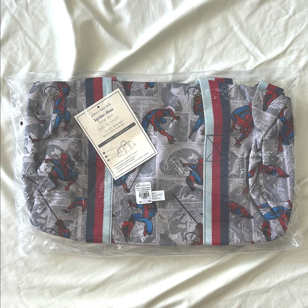 NEW Pottery Barn Kids Spider-Man Gym Bag with Red and Blue Accents.